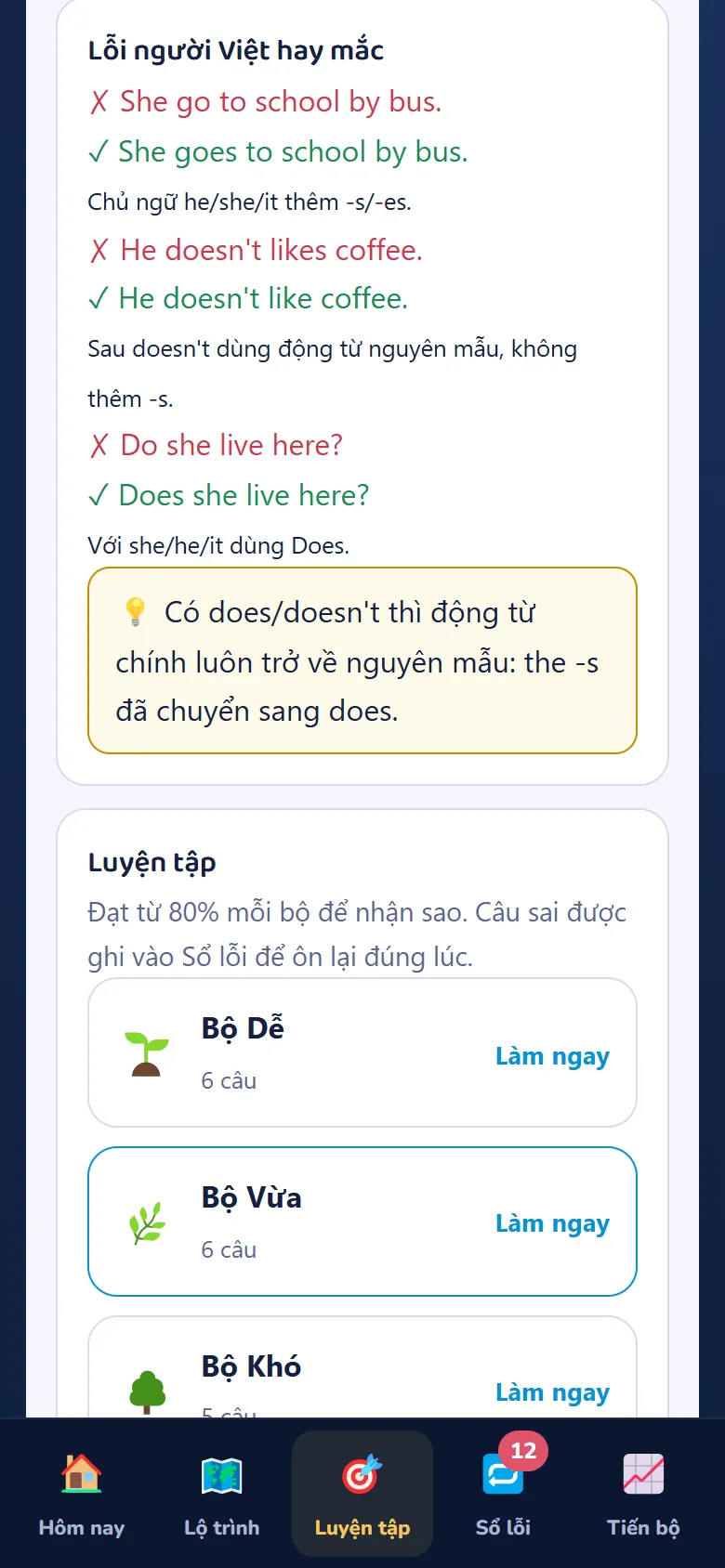 Bài ngữ pháp Hiện tại đơn, mục “Lỗi người Việt hay mắc” với câu sai gạch đỏ và câu đúng màu xanh