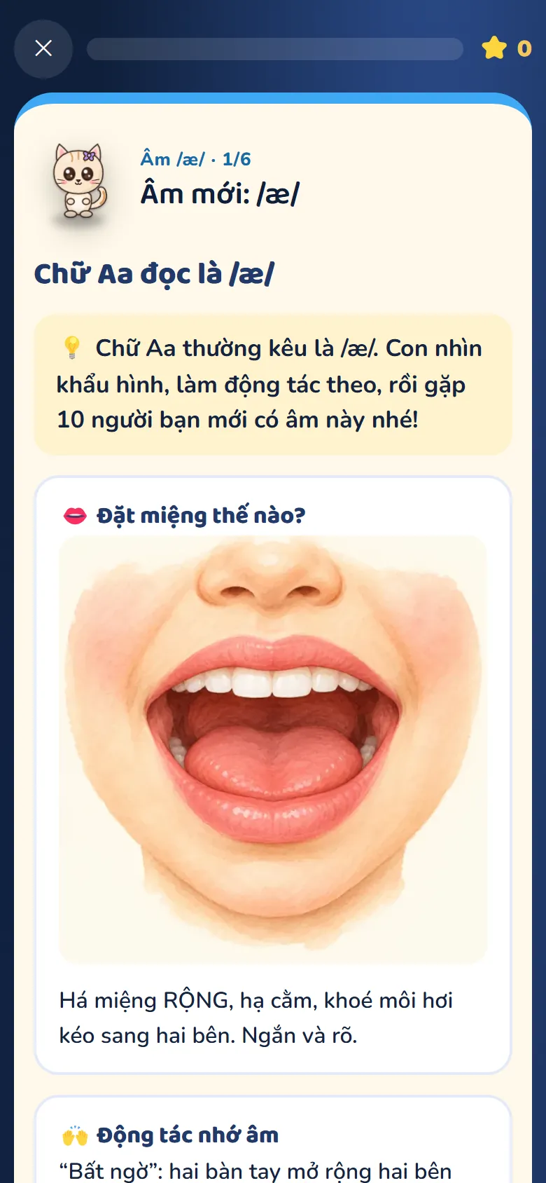 Bài Phonics chữ Aa đọc là /æ/, có tranh khẩu hình miệng và hướng dẫn cách đặt miệng