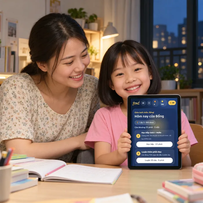 Ảnh minh họa: mẹ ngồi cạnh con ở bàn học, con cầm máy tính bảng mở màn Hôm nay của bé trên ZENZ Go