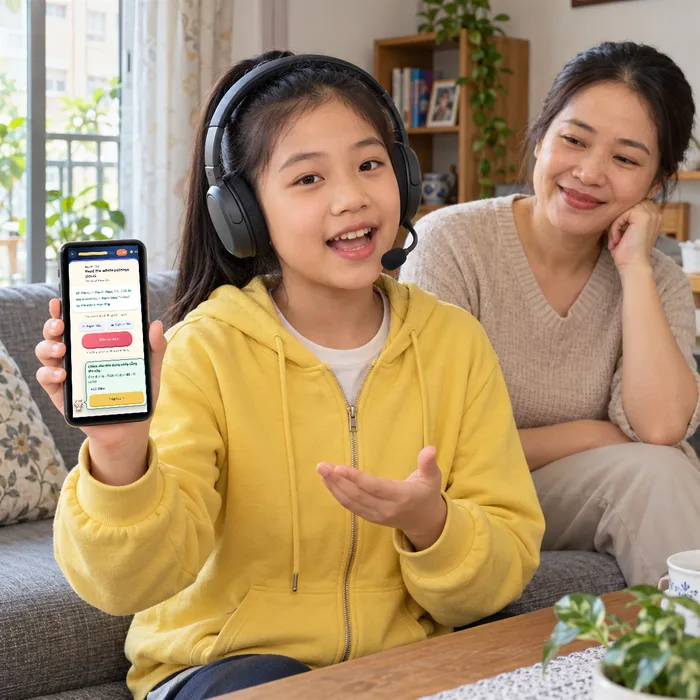 Ảnh minh họa: bạn nhỏ đeo tai nghe luyện đọc to ở Góc nói ZENZ Go, mẹ ngồi phía sau lắng nghe